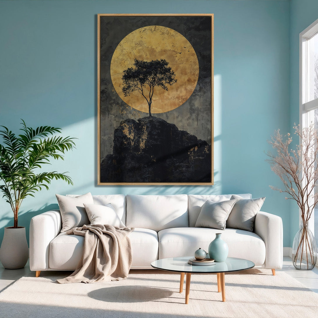 Framed Wall Art: Abstract landscape Canvas Print featuring a tree against a golden moon. Modern art with a muted, earthy color palette for stylish home decor.