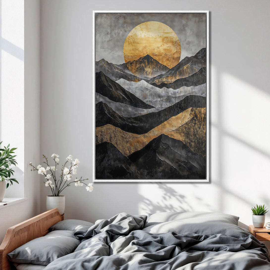 Framed Wall Art: Abstract mountain landscape in gold, black, and gray. Modern art canvas print adds a touch of elegance to any bedroom.