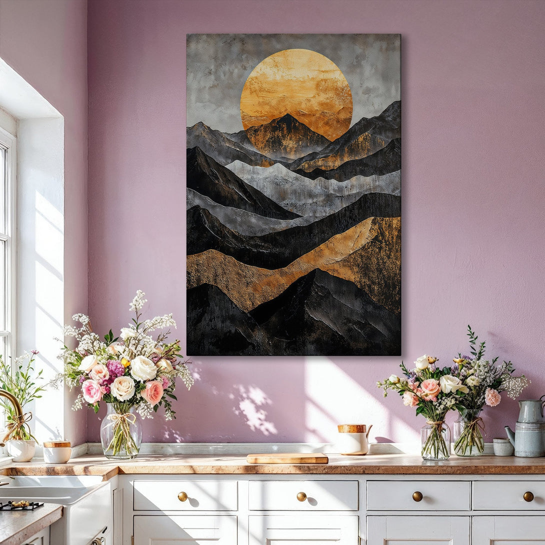 Framed Wall Art: Abstract mountain landscape canvas print in gold, black, and gray tones. Modern art for living room decor.