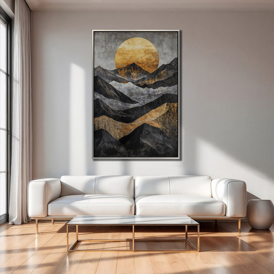 Framed Wall Art: Abstract mountain landscape in gold, black, and gray. Modern art Canvas Print adds a touch of elegance to any interior.