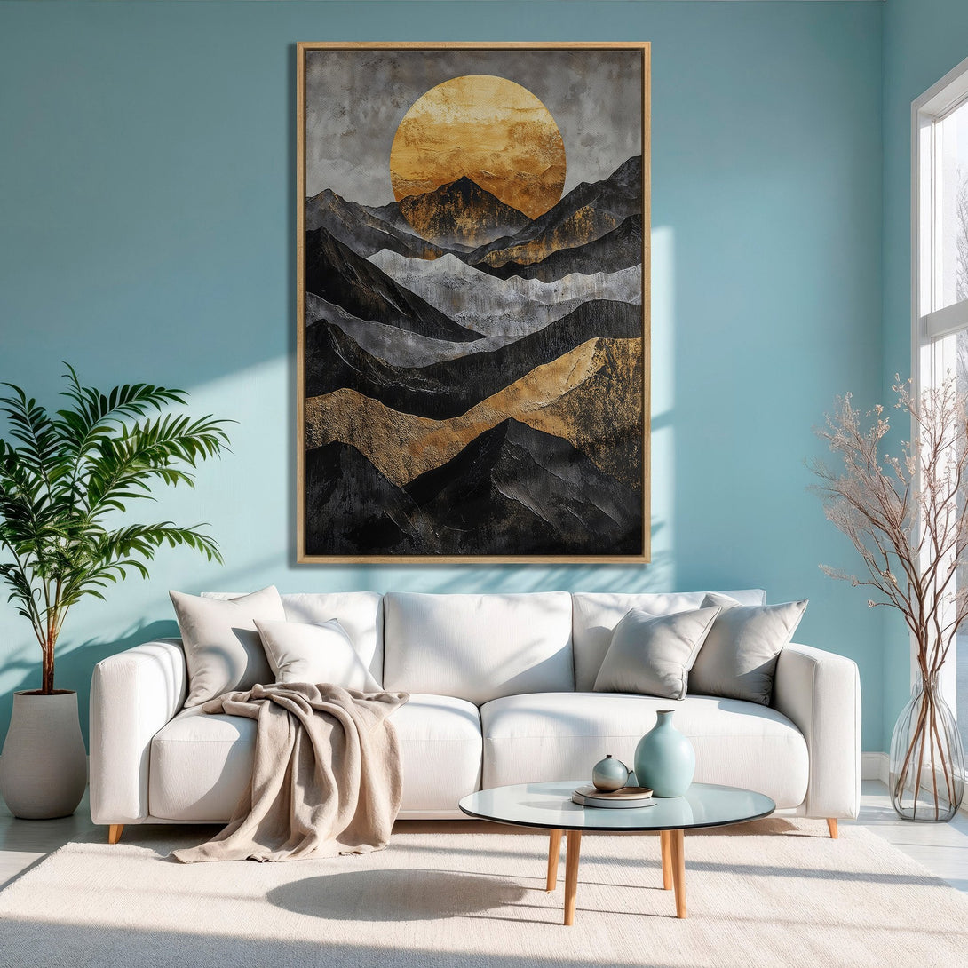 Framed Wall Art: Abstract mountain landscape Canvas Print with gold and black tones, displayed in a modern living room with a teal wall.