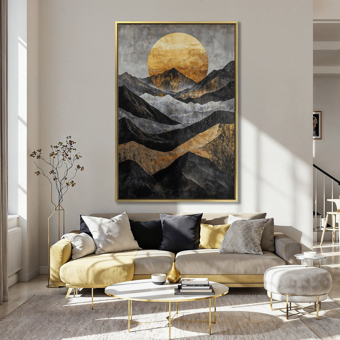 Abstract mountain Canvas Print with gold and black tones, displayed in a stylish interior. Modern wall art for a touch of elegance.