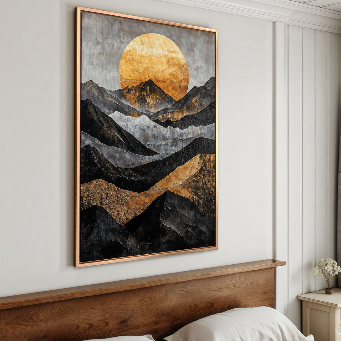 Framed Wall Art featuring a modern abstract mountain landscape in gold, black, and gray tones. Elevate your space with this stunning canvas print!