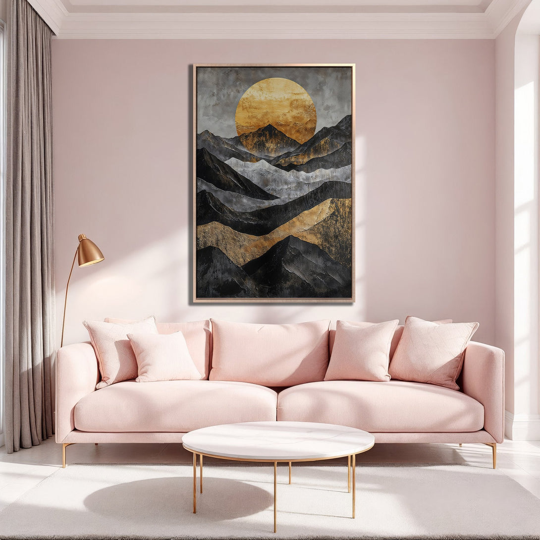 Framed Wall Art: Abstract mountain landscape in gold, black, and gray. Modern art print adds a touch of elegance to any living room.