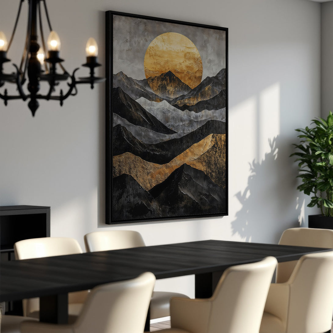 Framed Wall Art: Abstract mountain landscape canvas print in gold, black, and grey. Modern art for dining room decor.