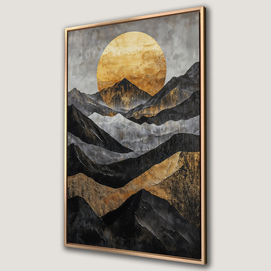 Framed Wall Art: Abstract mountain landscape Canvas Print. Gold, black, and gray color palette. Modern art for home decor.