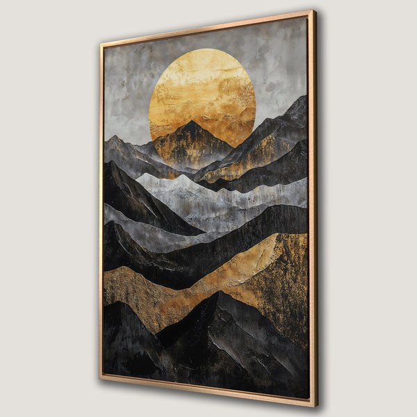 Framed Wall Art: Abstract mountain landscape Canvas Print. Gold, black, and gray color palette. Modern art for home decor.