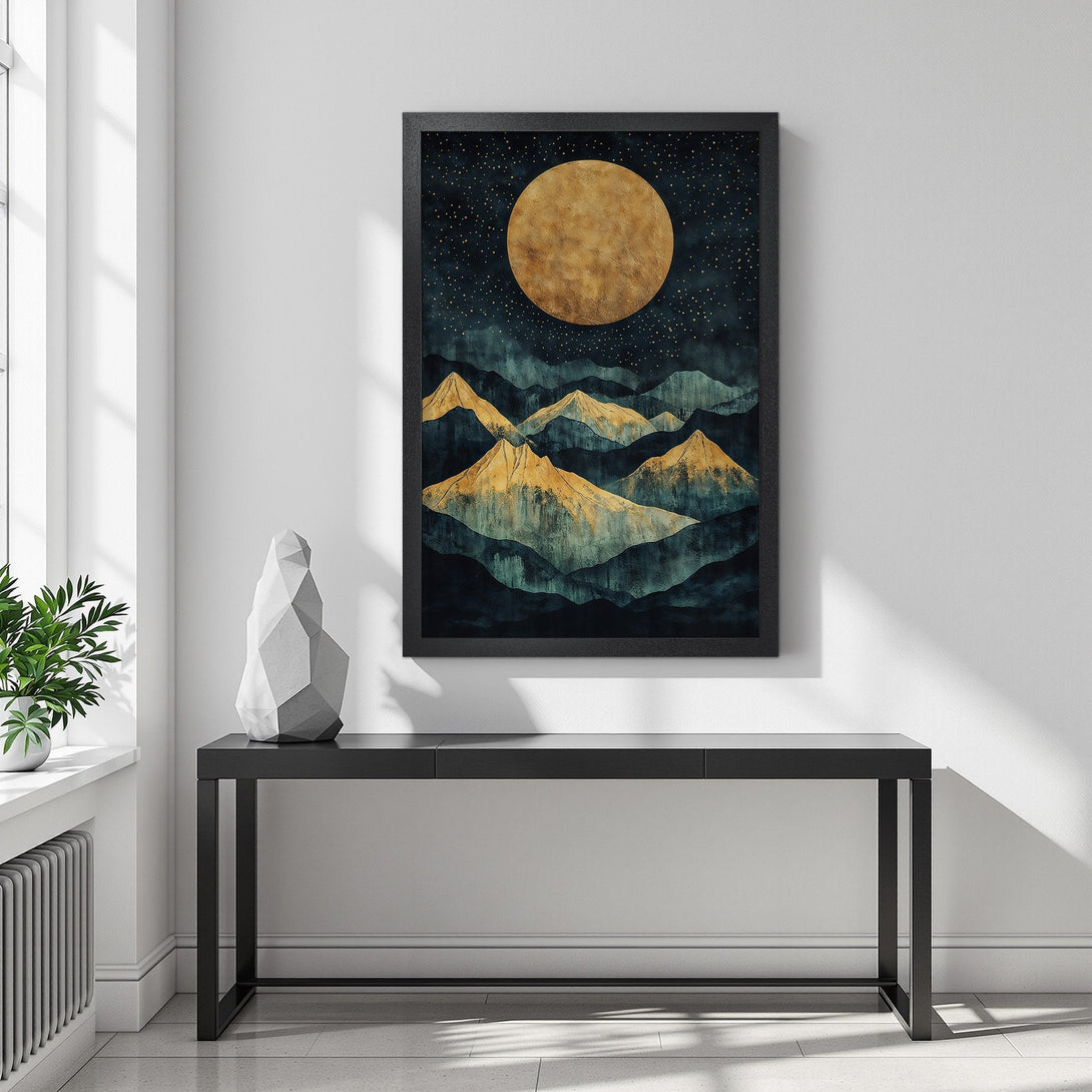 Framed Poster featuring a mountain landscape with a moon, in a teal and gold color palette. Modern art style, perfect for home decor.