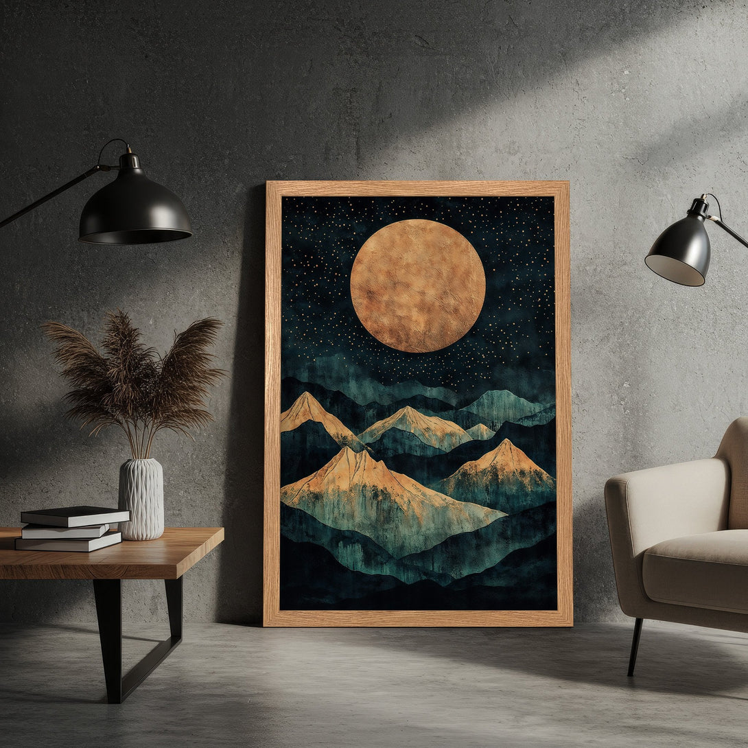 Framed Poster featuring a mountain landscape with a moon, in a modern style with teal, gold, and dark blue tones. Perfect wall art!