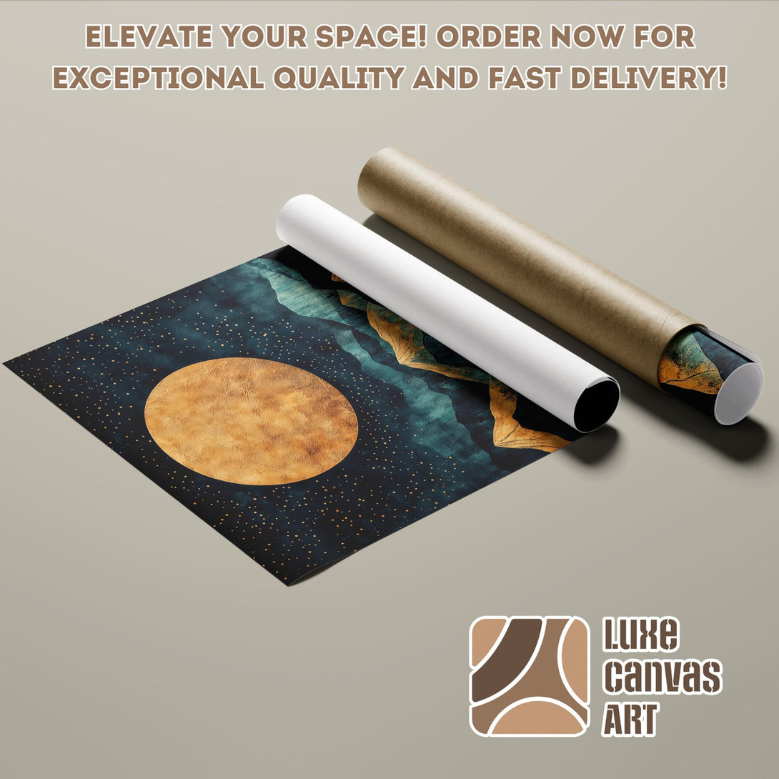 Abstract art poster roll with a dark blue, gold, and teal color palette. Elevate your space!
