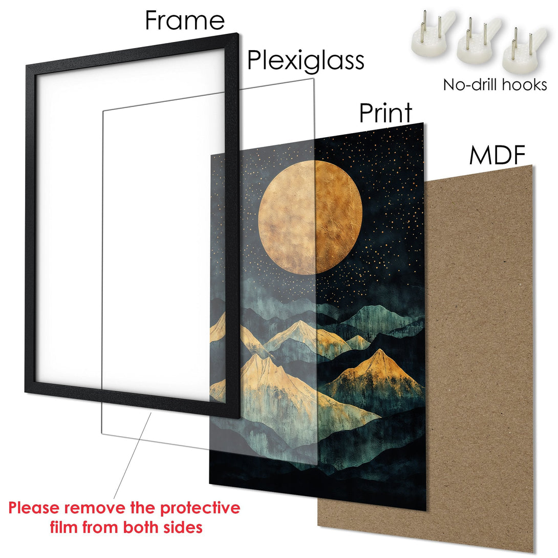 Framed Poster featuring a celestial mountain landscape in teal, gold, and black. Perfect wall art for any room!