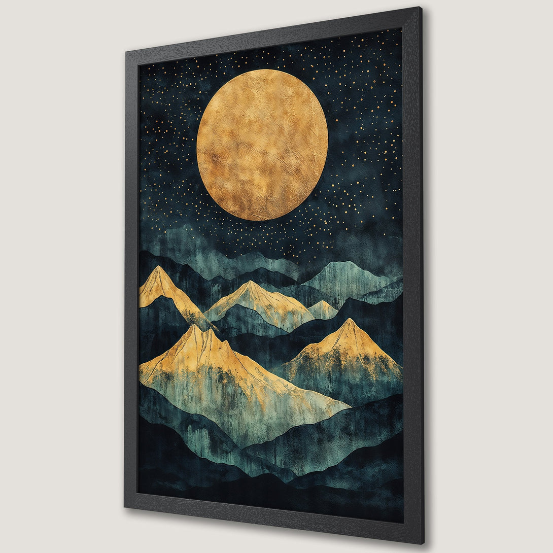 Framed Poster featuring a celestial mountain landscape in a teal, gold, and navy color palette. Modern art print for home decor.