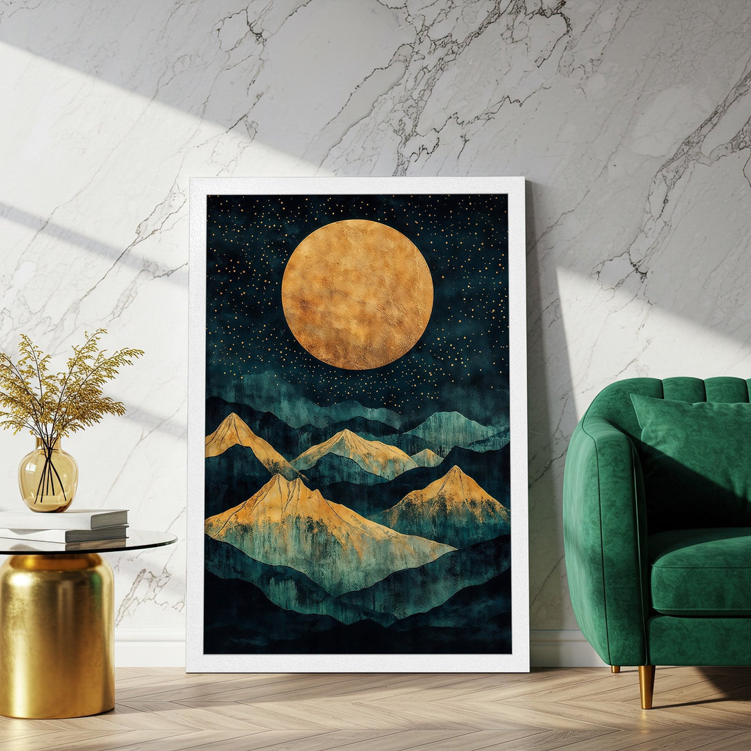 Framed Poster of a mountain landscape with a golden moon, in a teal and gold color palette. Perfect wall art for your home!