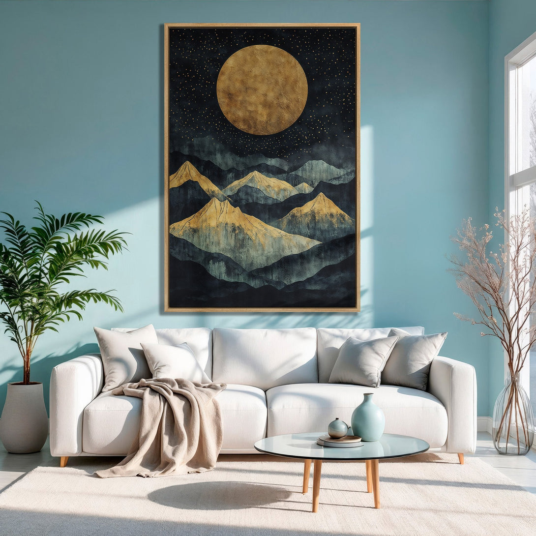 Framed Wall Art: Abstract mountain landscape in gold and navy. Modern art print with a serene, nature-inspired color palette. Perfect for home decor.