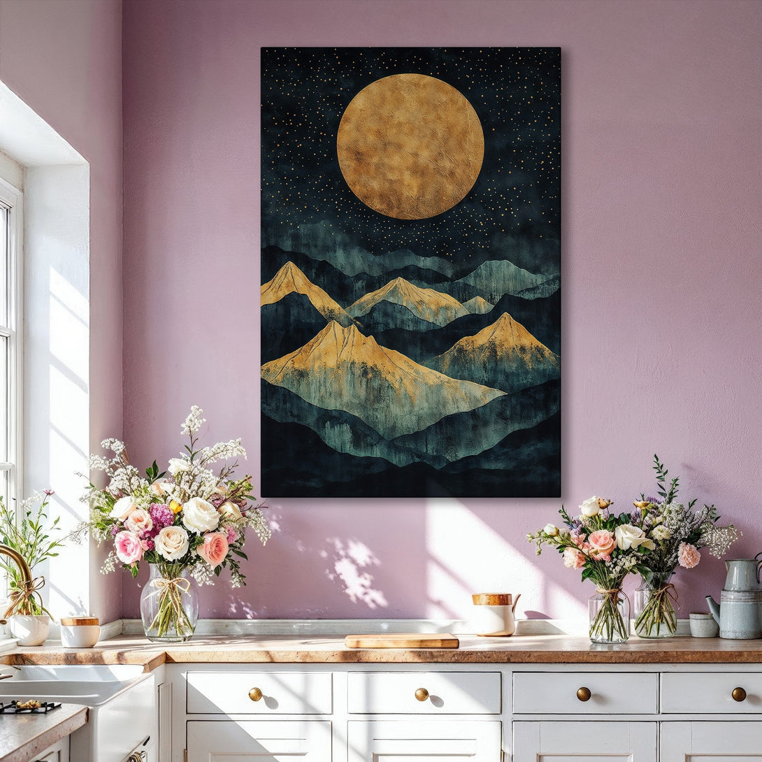 Framed Wall Art: Abstract mountain landscape in gold and teal. Modern art print adds a touch of elegance to any living room. Shop now!