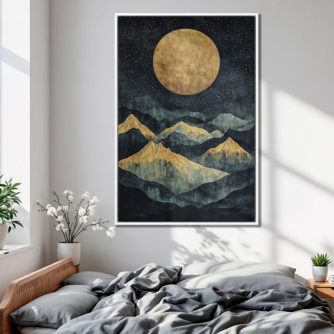 Framed Wall Art: Abstract mountain landscape canvas print in gold, teal, and navy. Modern art for bedroom decor.