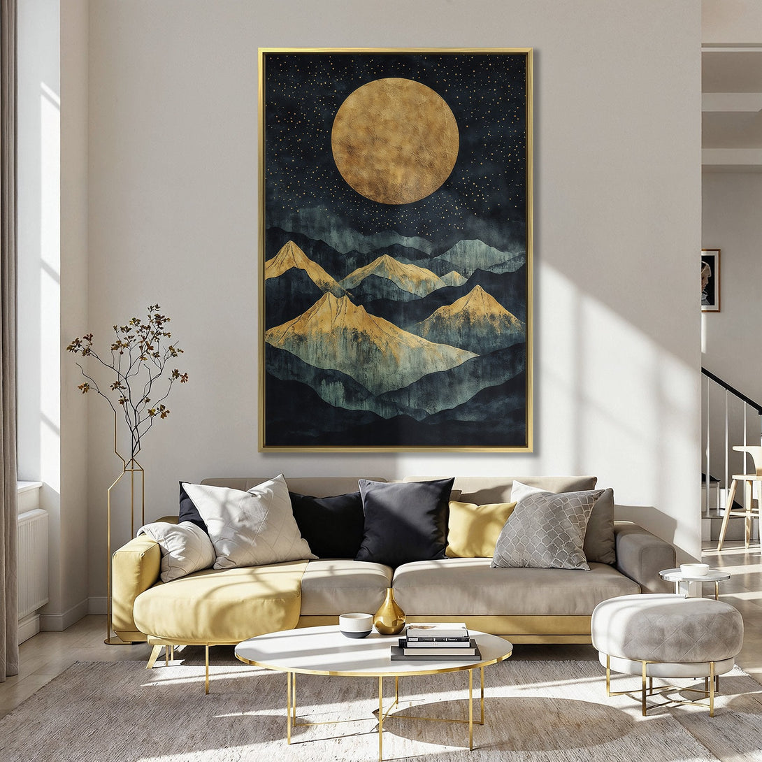 Canvas Print: Abstract mountain art with gold and teal tones, displayed in a stylish interior. Modern wall decor for a sophisticated home.