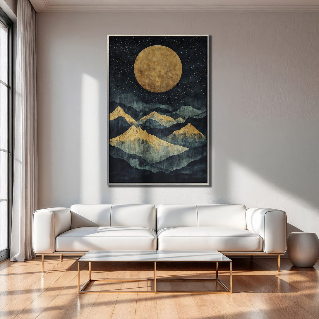 Framed Wall Art featuring a mountain landscape with a gold and navy color palette, perfect for modern home decor.