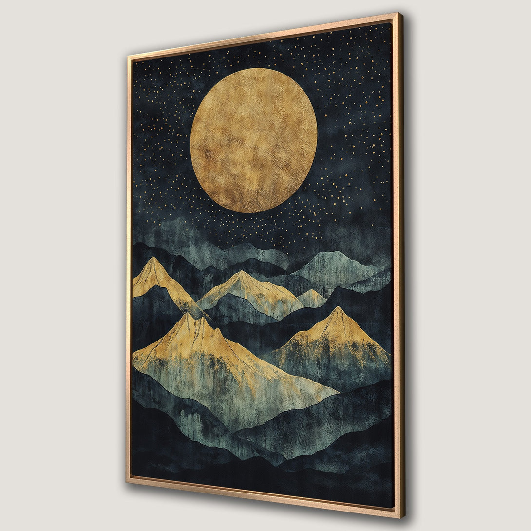 Framed Wall Art: Abstract mountain landscape with a golden moon. Dark blue and gold color palette. Perfect for modern home decor.