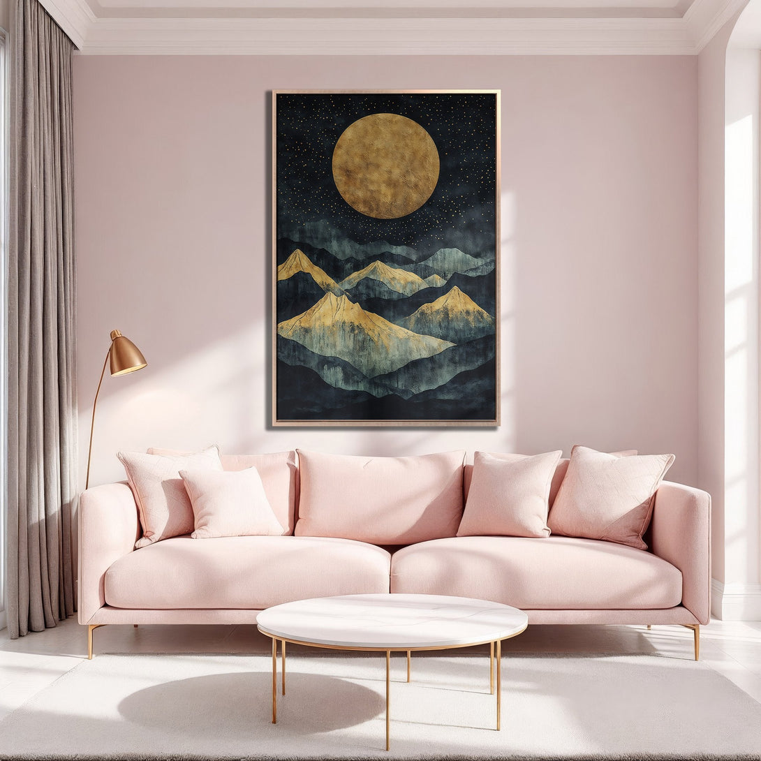 Framed Wall Art: Abstract mountain landscape in gold, teal, and navy. Modern art canvas print adds a touch of elegance to any interior with a soft pink palette.