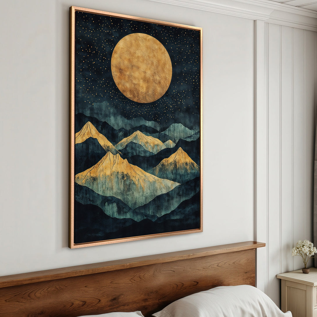 Framed Wall Art featuring an abstract mountain landscape with a gold moon. Dark teal and gold color palette, perfect for adding a touch of elegance.