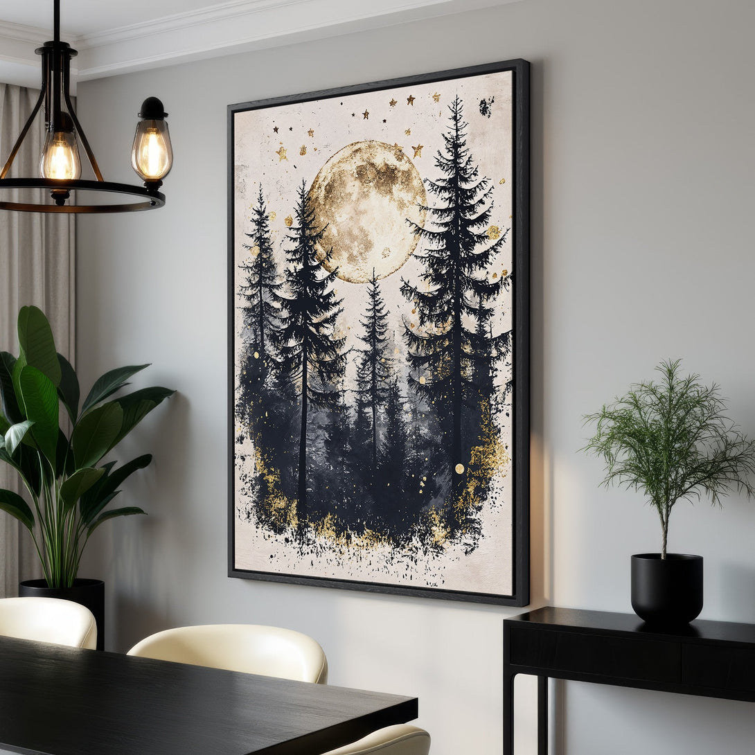 Framed Wall Art featuring a serene forest scene with a moon, in a modern, minimalist style. Black, gold, and neutral color palette. Perfect for home decor.