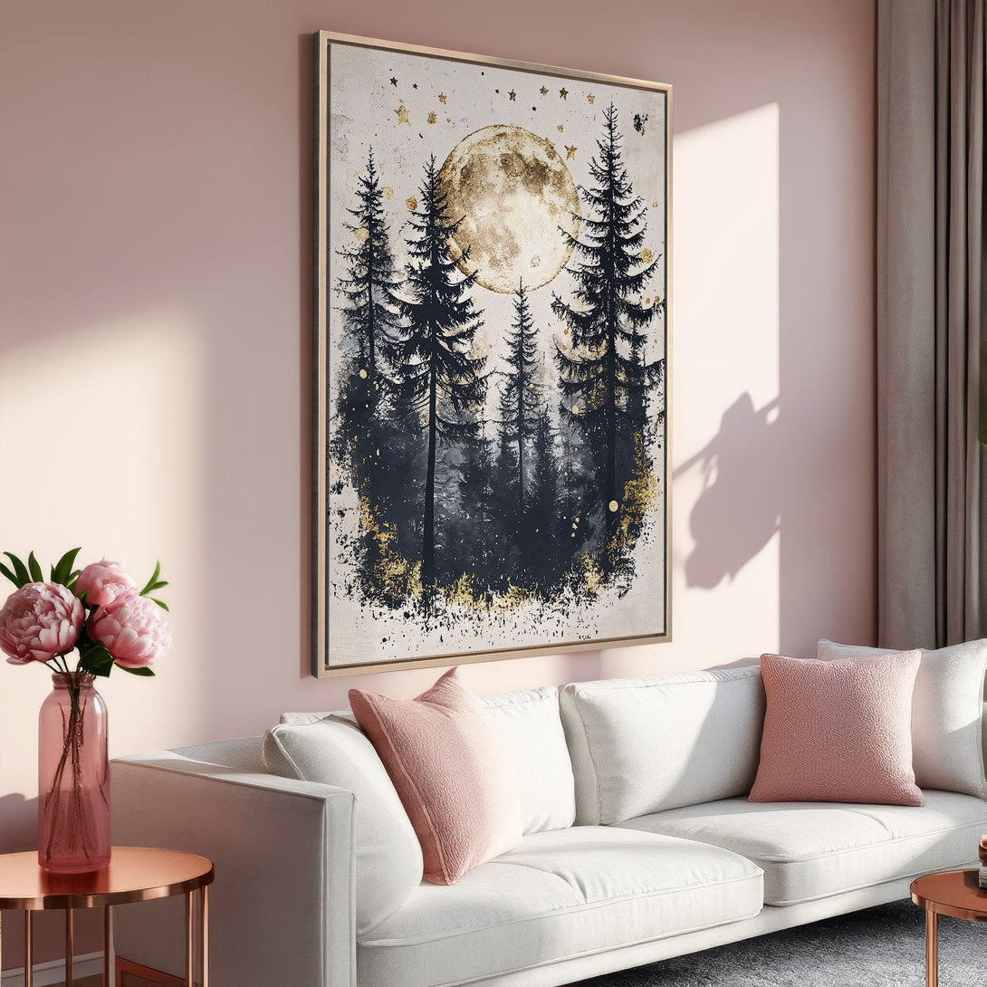 Framed Wall Art: Majestic moonlit forest scene in black, gold, and neutral tones. Perfect for adding a touch of nature and elegance to your home decor.