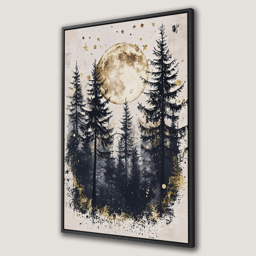 Framed Wall Art: Majestic forest scene with a moon, stars, and gold accents. Moody, artistic style in black, gold, and neutral tones. Perfect for any interior.