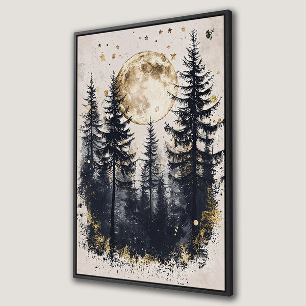 Framed Wall Art: Majestic forest scene with a moon, stars, and gold accents. Moody, artistic style in black, gold, and neutral tones. Perfect for any interior.