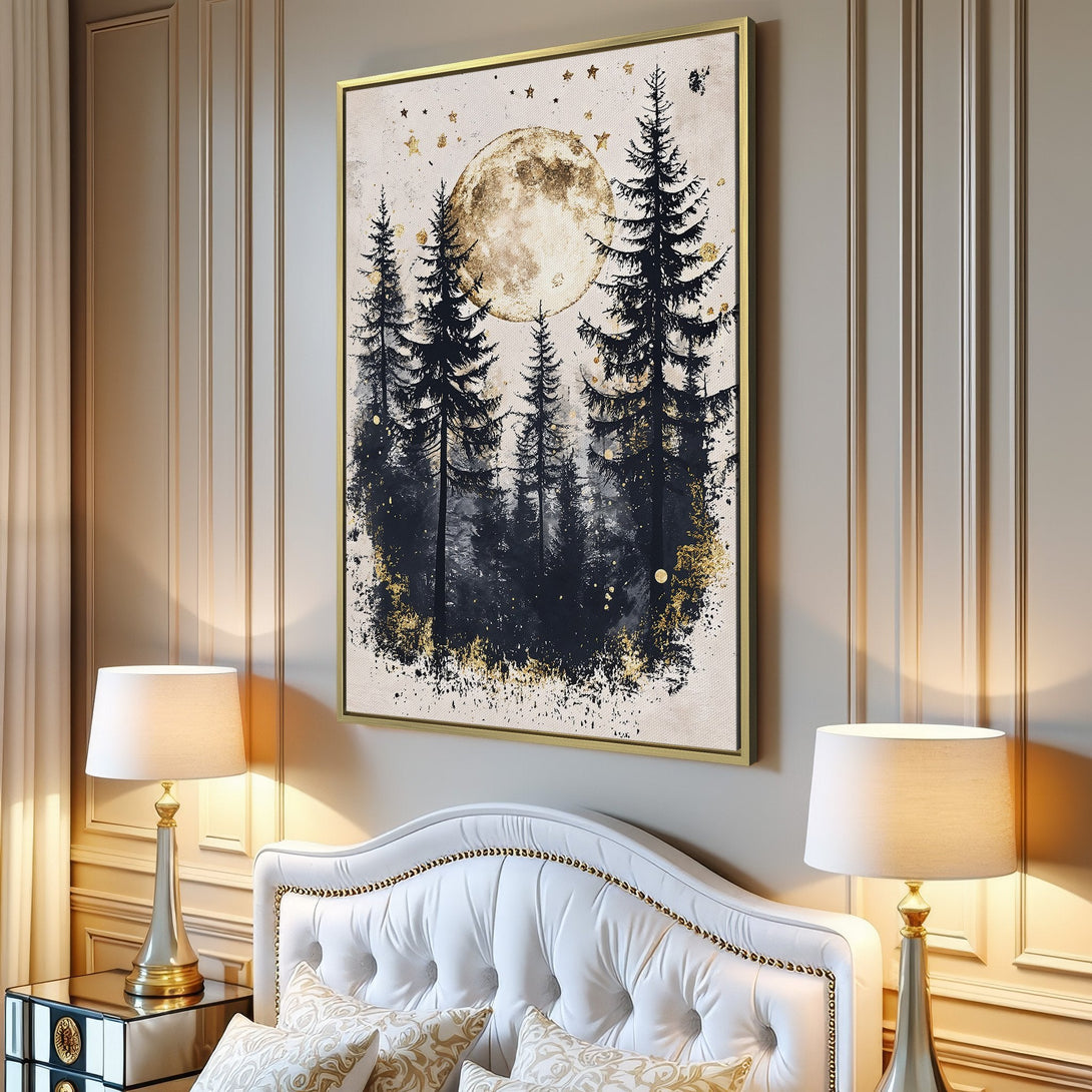 Canvas Print of a forest scene with a moon in a neutral color palette. Modern wall art for your home decor.