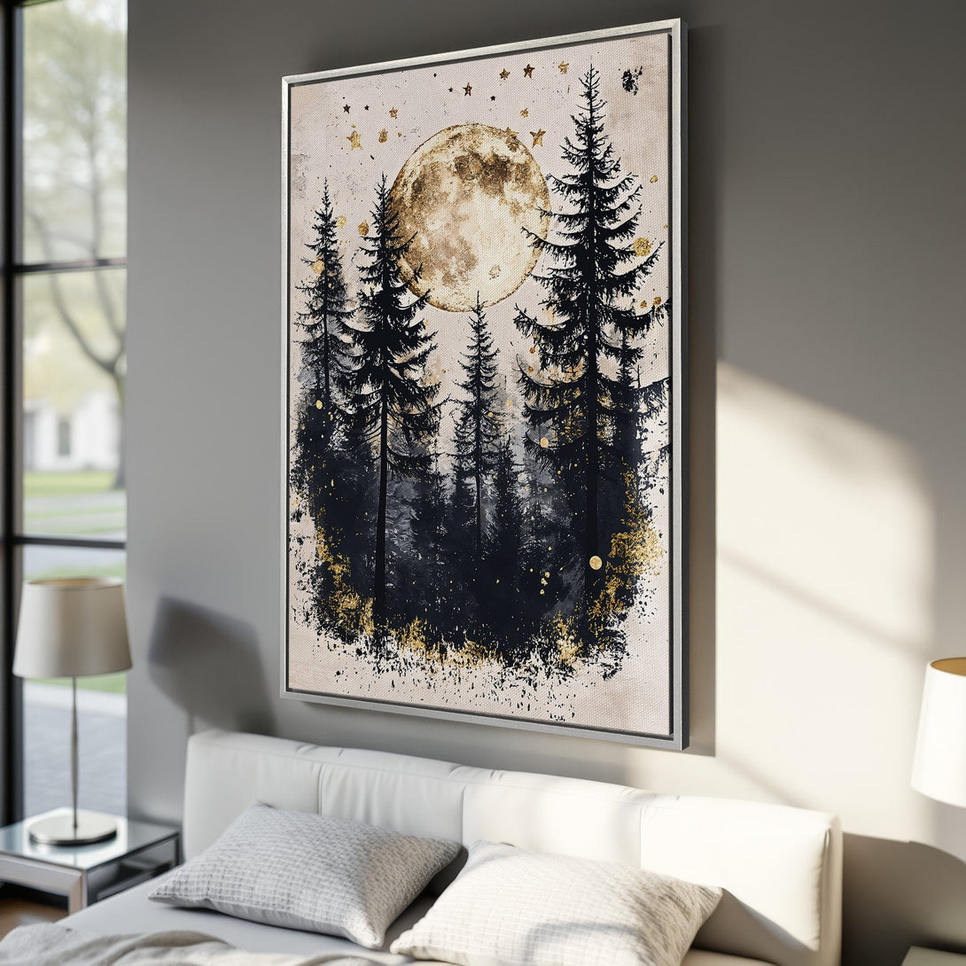 Framed Wall Art featuring a forest silhouette with a golden moon and stars. Modern, abstract style with a black, gold, and beige color palette. Perfect for bedroom decor.