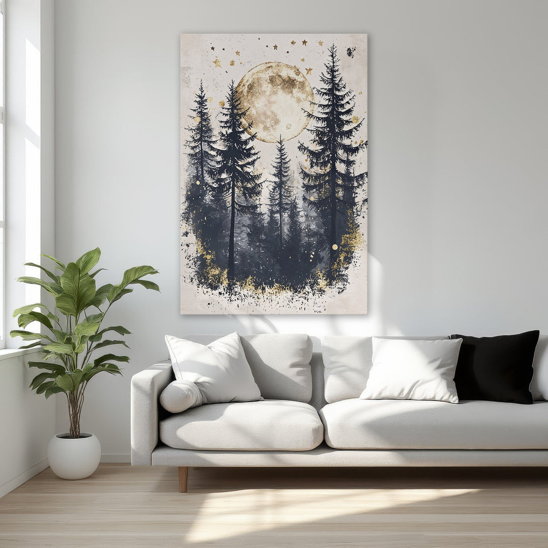 Framed Wall Art featuring a moonlit forest scene in black, gold, and cream. Perfect for adding a touch of nature and elegance to your space.