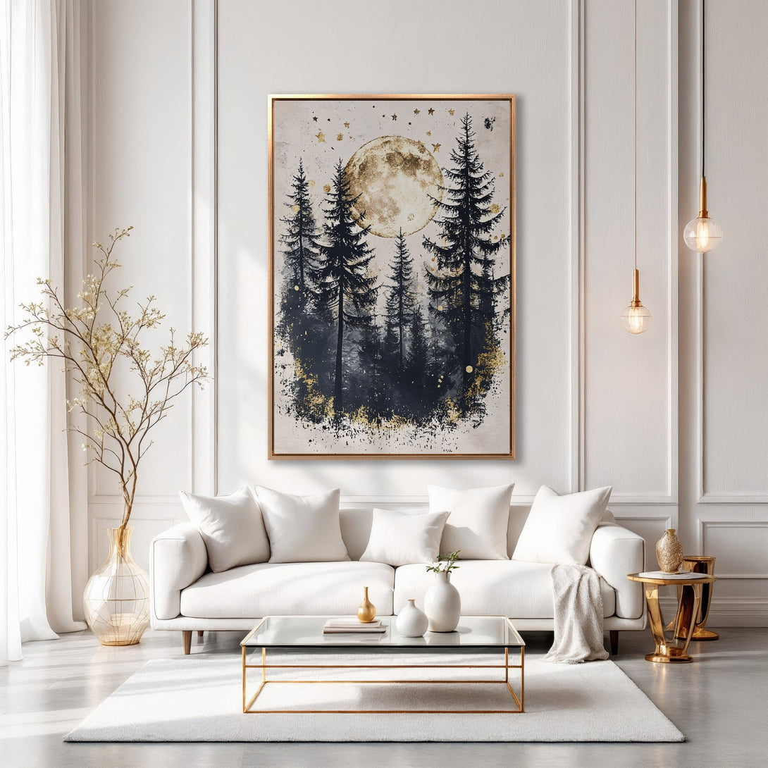 Framed Wall Art: Forest scene with a moon, in a modern, watercolor style. Features a gold, black, and white color palette. Perfect for living room decor.