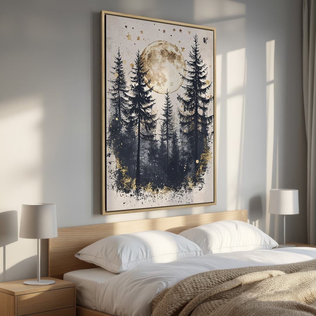 Framed Wall Art featuring a moonlit forest scene. Elegant black, gold, and neutral tones. Perfect bedroom decor. Elevate your space!