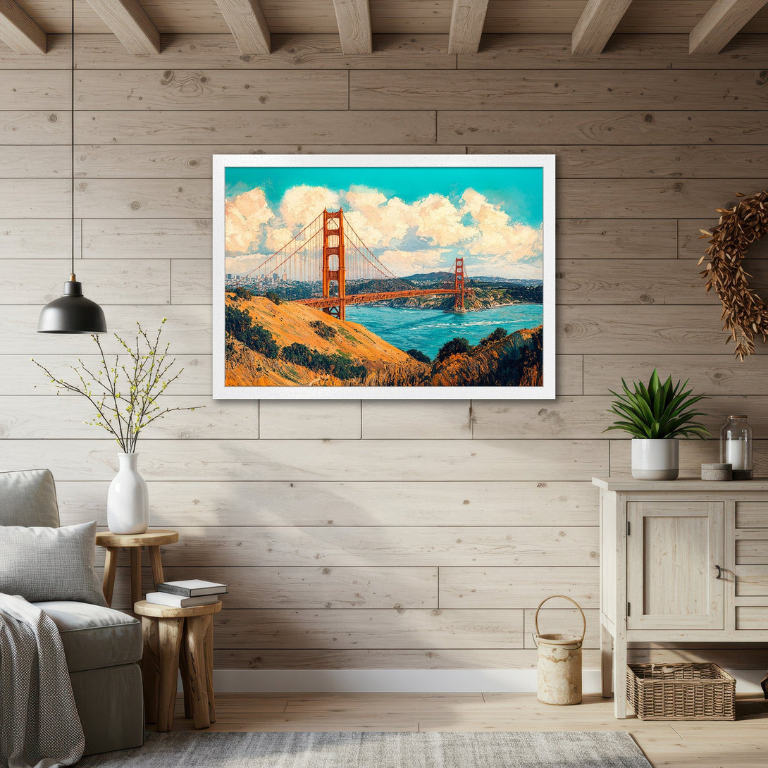 Framed Poster of Golden Gate Bridge, impressionist style, warm orange, blue, and yellow tones. Perfect wall art!