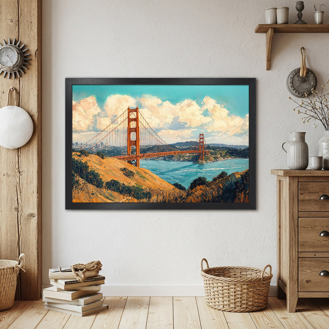 Framed Poster of Golden Gate Bridge. Impressionist style, vibrant blue, orange, and green color palette. Perfect wall art!