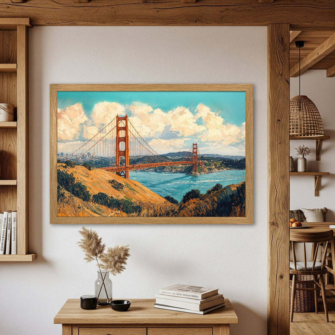Framed Poster of Golden Gate Bridge art print, showcasing a stunning landscape with a warm color palette. Perfect wall decor!