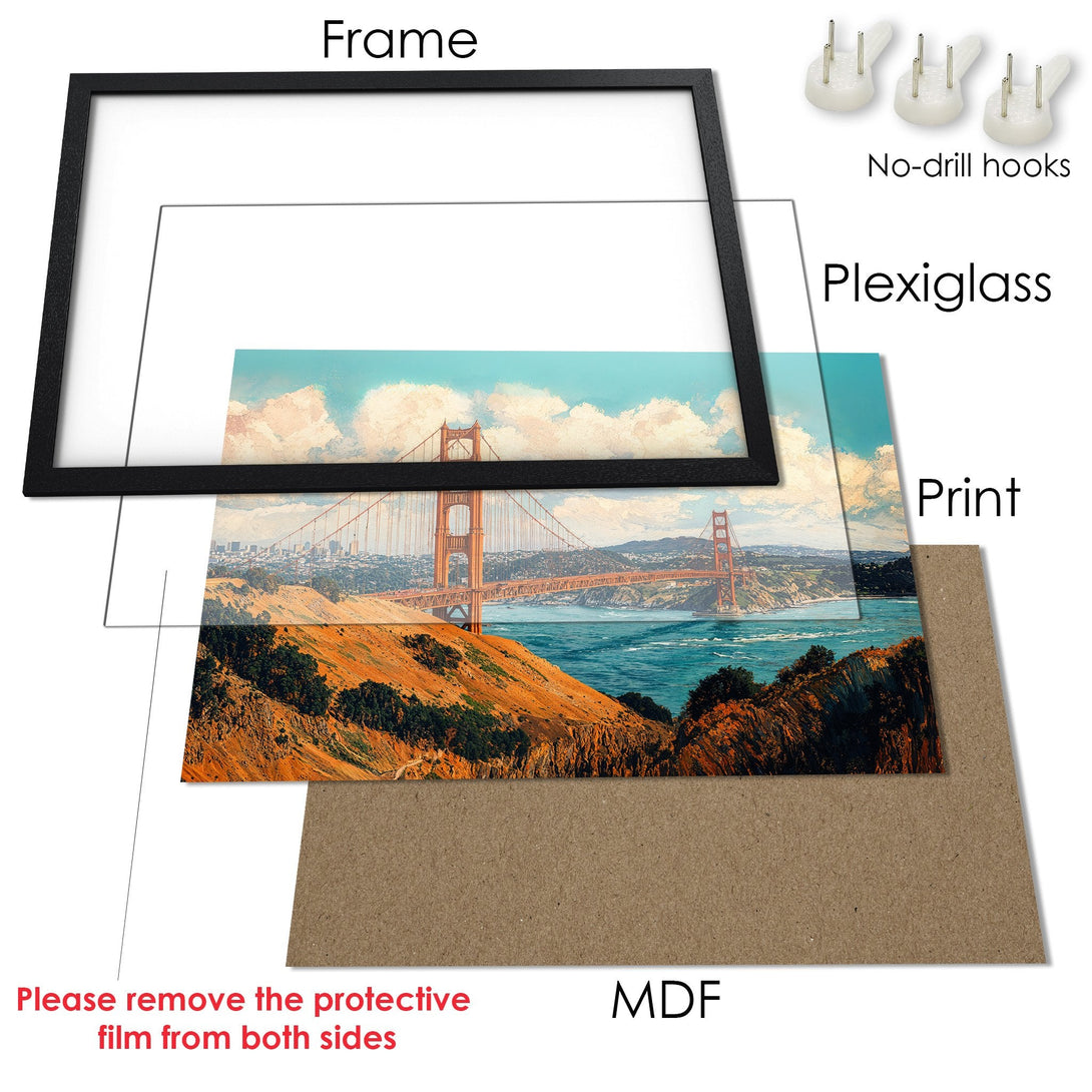 Framed Poster of Golden Gate Bridge art print. Warm orange, blue, and green color palette. Ready to hang wall decor.