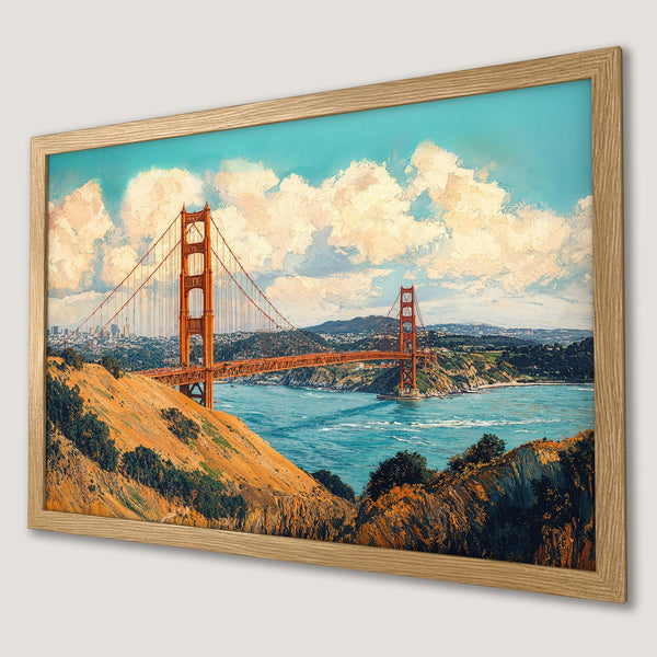 Framed Poster of Golden Gate Bridge. Impressionist style art in orange, blue, and tan. Perfect wall decor!