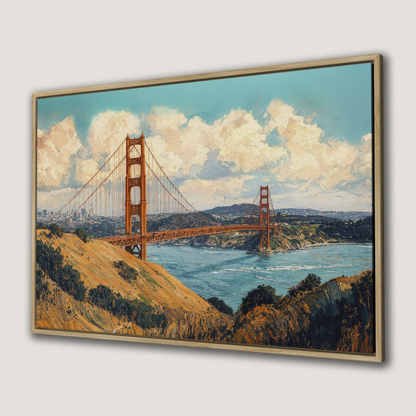 Framed Wall Art of the Golden Gate Bridge. Vintage style canvas print in warm earth tones with blue sky and water. Perfect home decor.