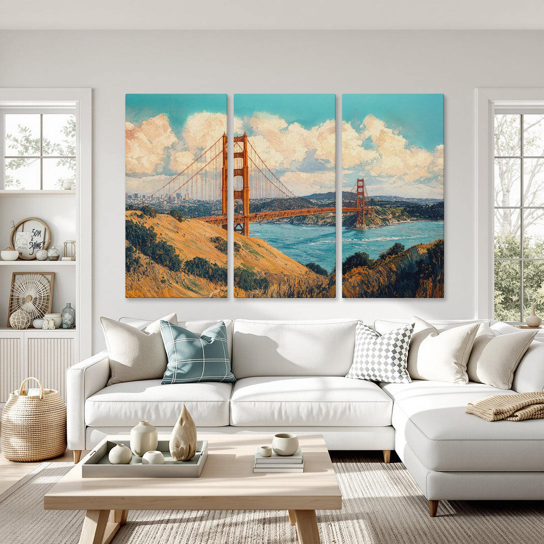 Canvas Print of Golden Gate Bridge art in a living room. Features warm, impressionistic style with orange, blue, and beige tones. Perfect wall decor!