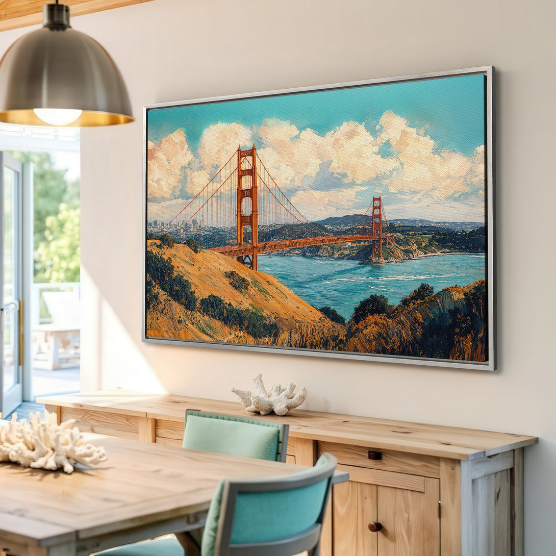 Framed Wall Art of Golden Gate Bridge, impressionist style, featuring orange, blue, and earth-tone hues. Perfect for living room decor.