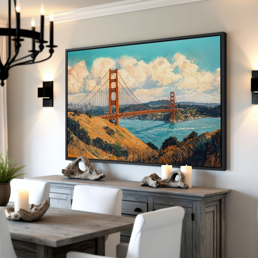 Framed Wall Art: Golden Gate Bridge Canvas Print. Stunning landscape art with warm orange, blue, and beige tones. Perfect for adding a touch of elegance to any room.