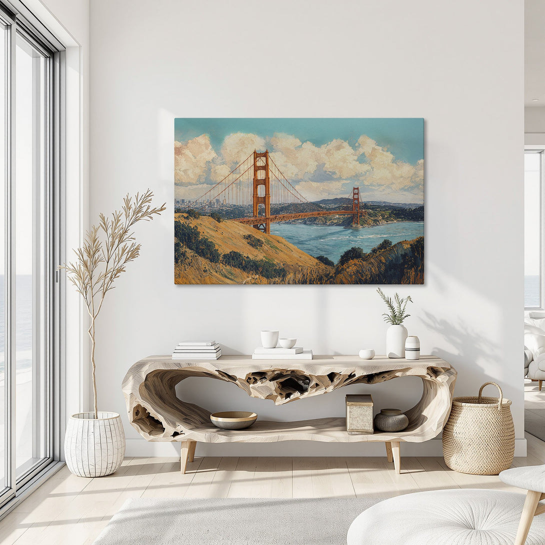 Framed Wall Art of Golden Gate Bridge. Impressionist style painting with warm orange, blue & green tones. Perfect for living room decor.