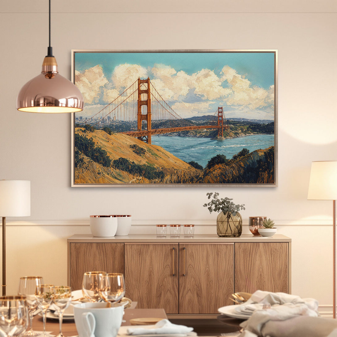 Framed Wall Art: Golden Gate Bridge Canvas Print in warm tones. Enhance your space with this stunning landscape art piece!