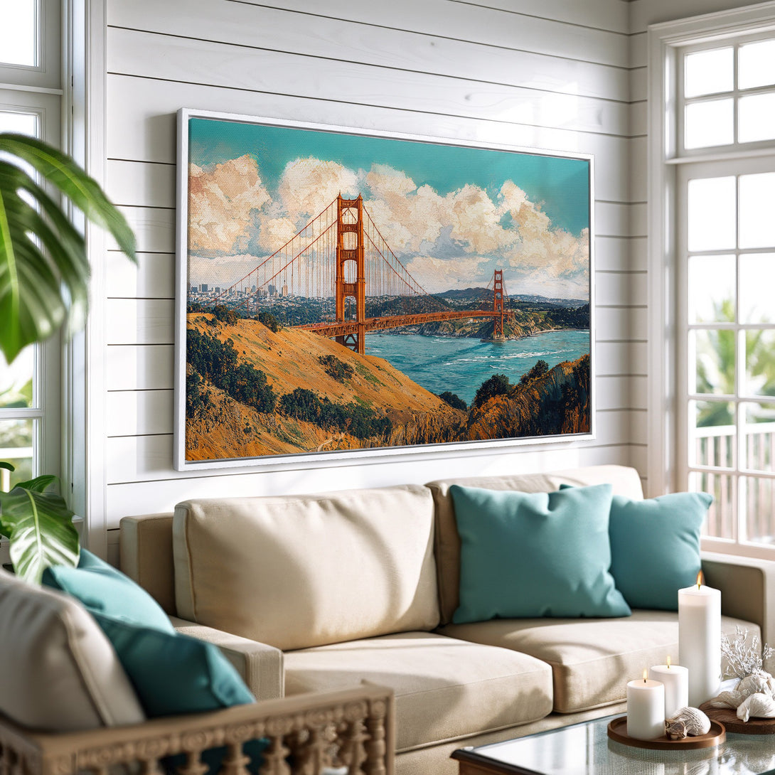 Framed Wall Art featuring the Golden Gate Bridge in a vibrant painting style. Earthy tones and blue accents create a calming, coastal vibe for your home.