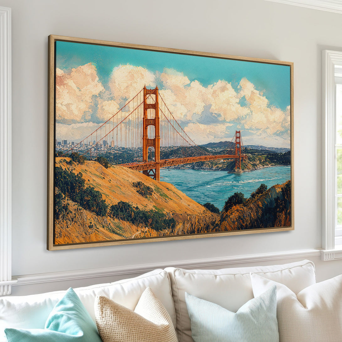 Framed Wall Art of Golden Gate Bridge in warm tones. Enhance your space with this stunning Canvas Print. Featuring a vintage style and vibrant colors.