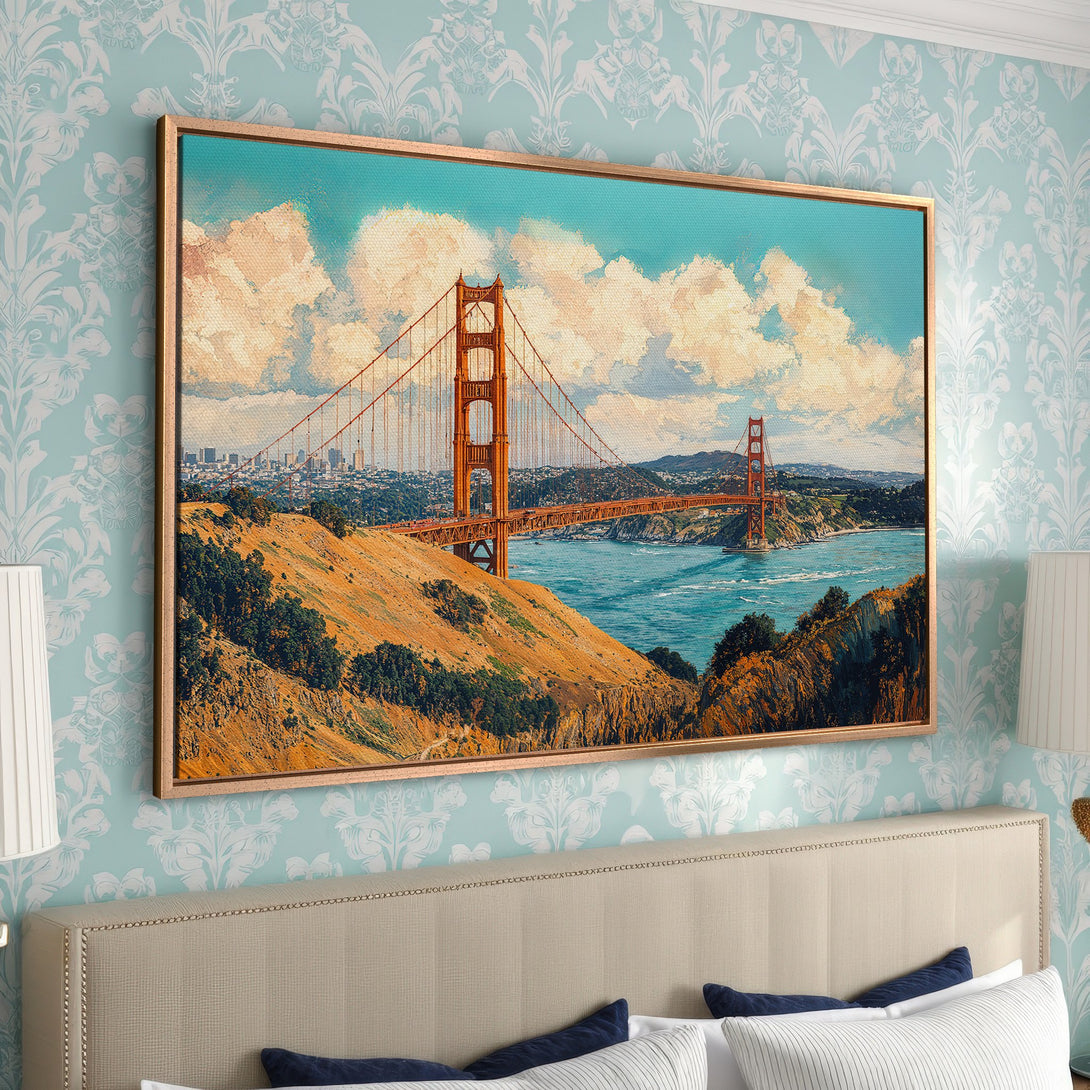 Framed Wall Art: Golden Gate Bridge canvas print in warm tones. Perfect for adding a touch of travel and art to your home decor.