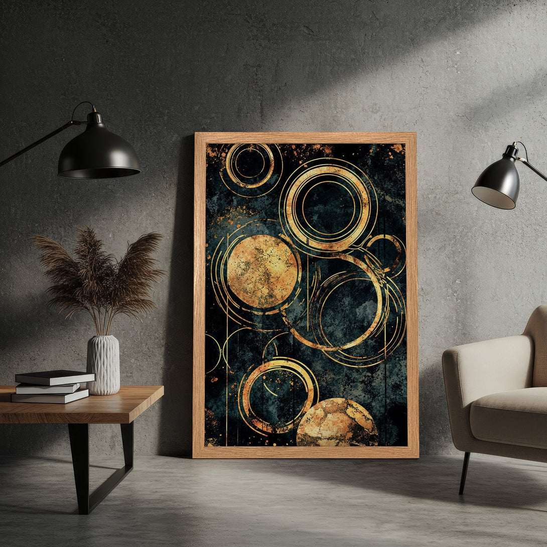 Framed Poster featuring abstract gold circles on a dark blue background. Perfect wall art for modern home decor.
