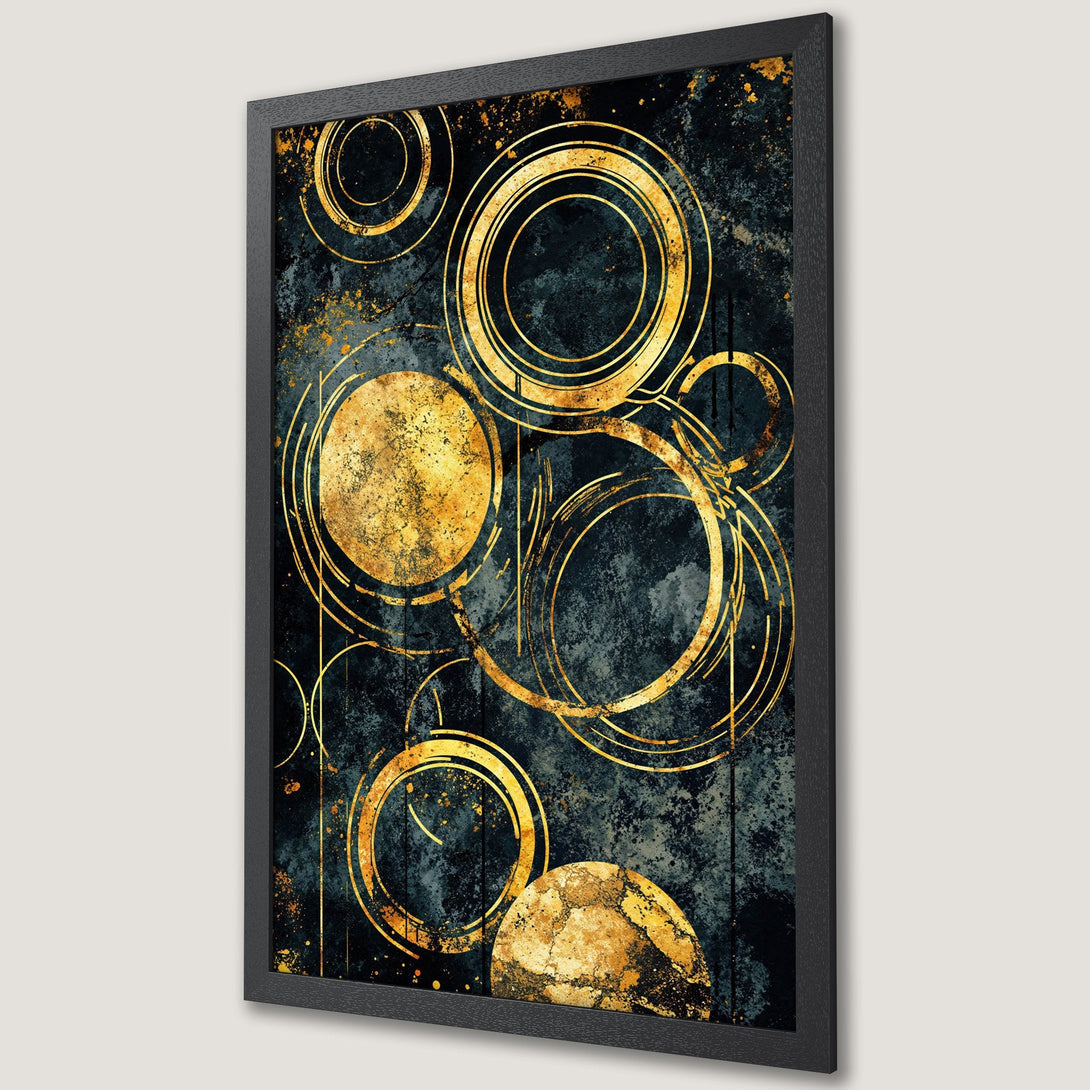 Framed Poster featuring abstract gold circles on a dark, textured background. Modern art print with a luxurious, gold and teal color palette.